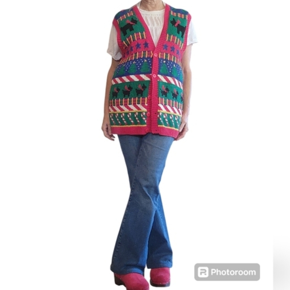 Izod Hand Knitted Longline Holiday Dog Lover Vest sz S red green blue